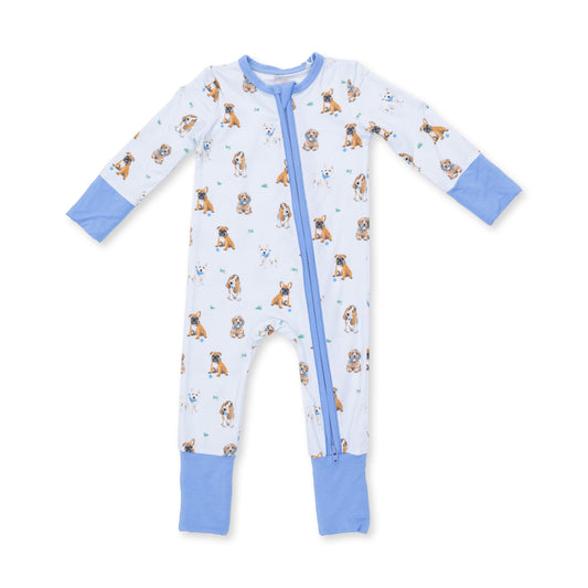 Angel Dear Bestie Dogs Blue Zip Convertible Romper for babies, featuring a cute blue dog print and easy zipper closure.