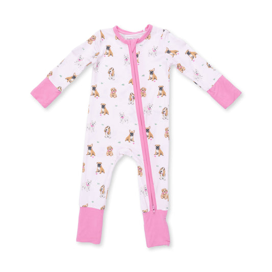 Pink zip convertible romper for dogs by Angel Dear, featuring a comfortable, adorable design with fun, vibrant pink fabric.