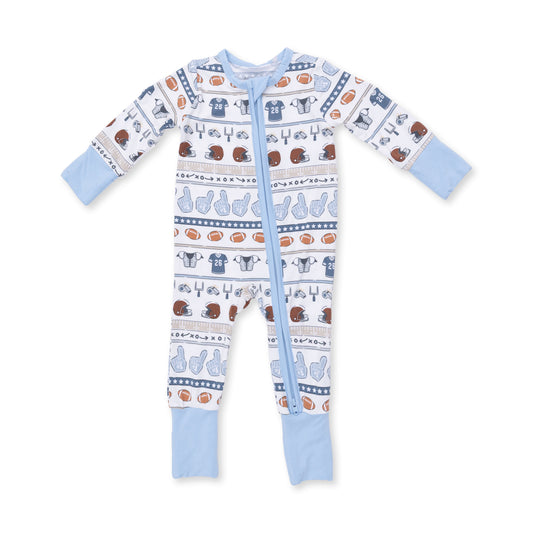 Angel Dear football stripe zip convertible romper for babies, featuring colorful athletic stripe pattern and a convenient zipper closure.