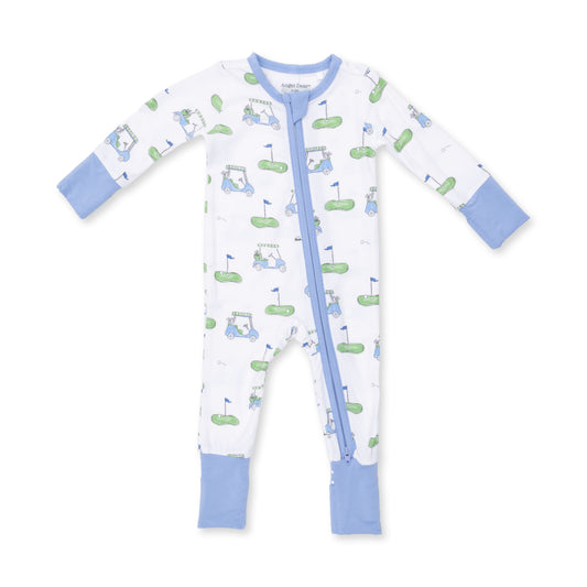 Baby girl in a blue zip convertible romper with golf cart print by Angel Dear, showing the playful design and soft fabric.