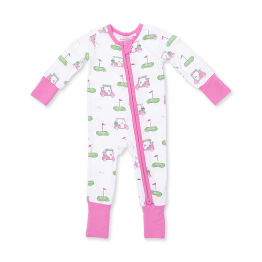Pink zip convertible romper for babies by Angel Dear, featuring a playful golf cart design on soft cotton fabric.