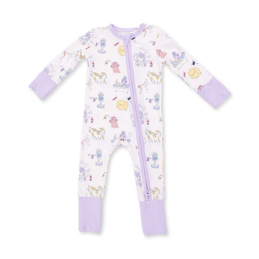 Angel Dear Spa Dogs Zip Convertible Romper for babies, featuring a soft fabric with playful dog print and zip closure.