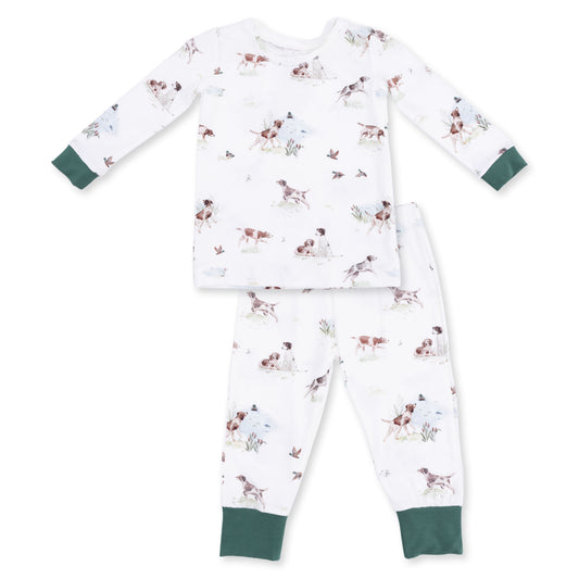 Angel Dear Pointer Pups and Duck Buddies long sleeve loungewear set with playful dog and duck print on soft fabric.