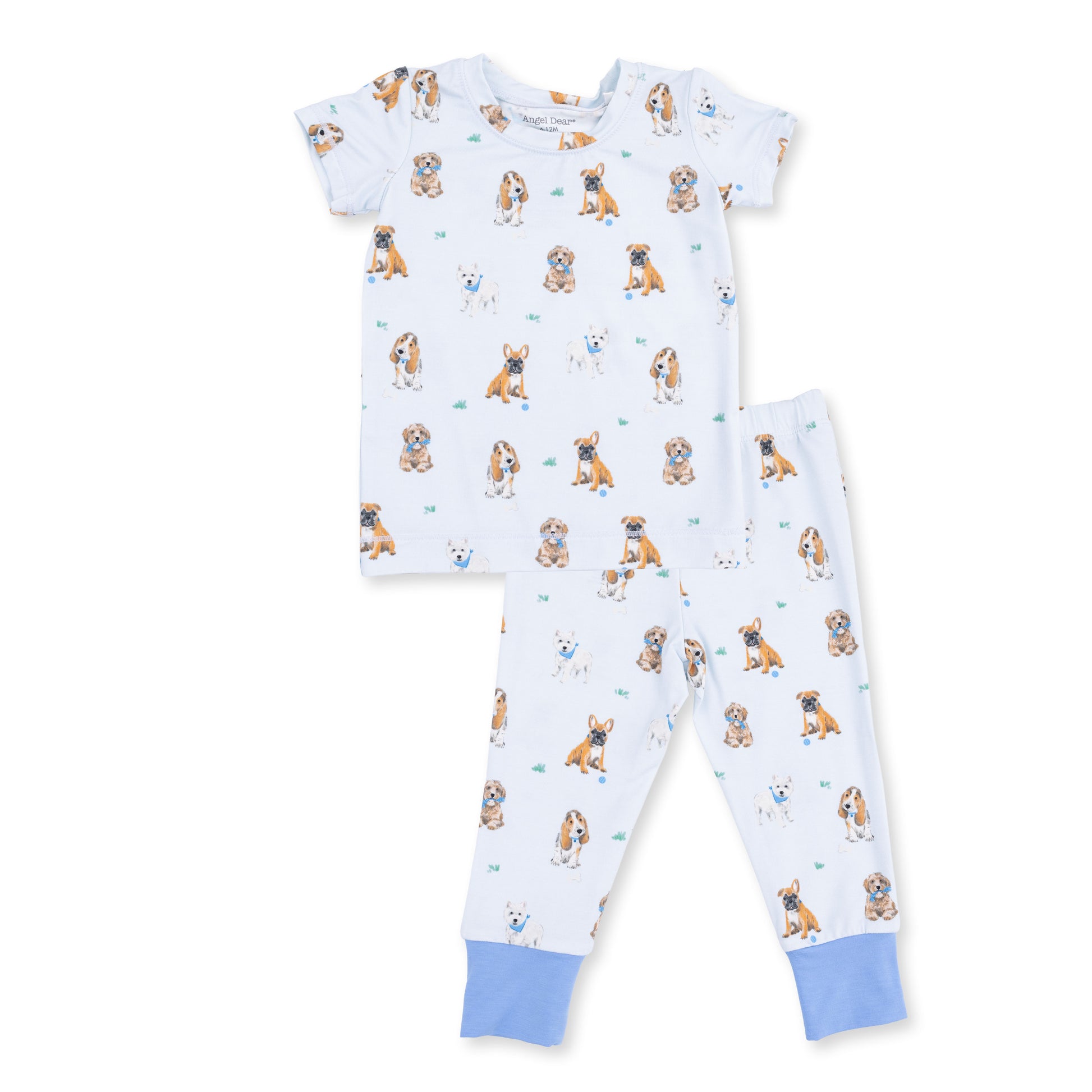 Angel Dear Bestie Dogs blue short sleeve loungewear set for kids, featuring a playful dog print on soft fabric.