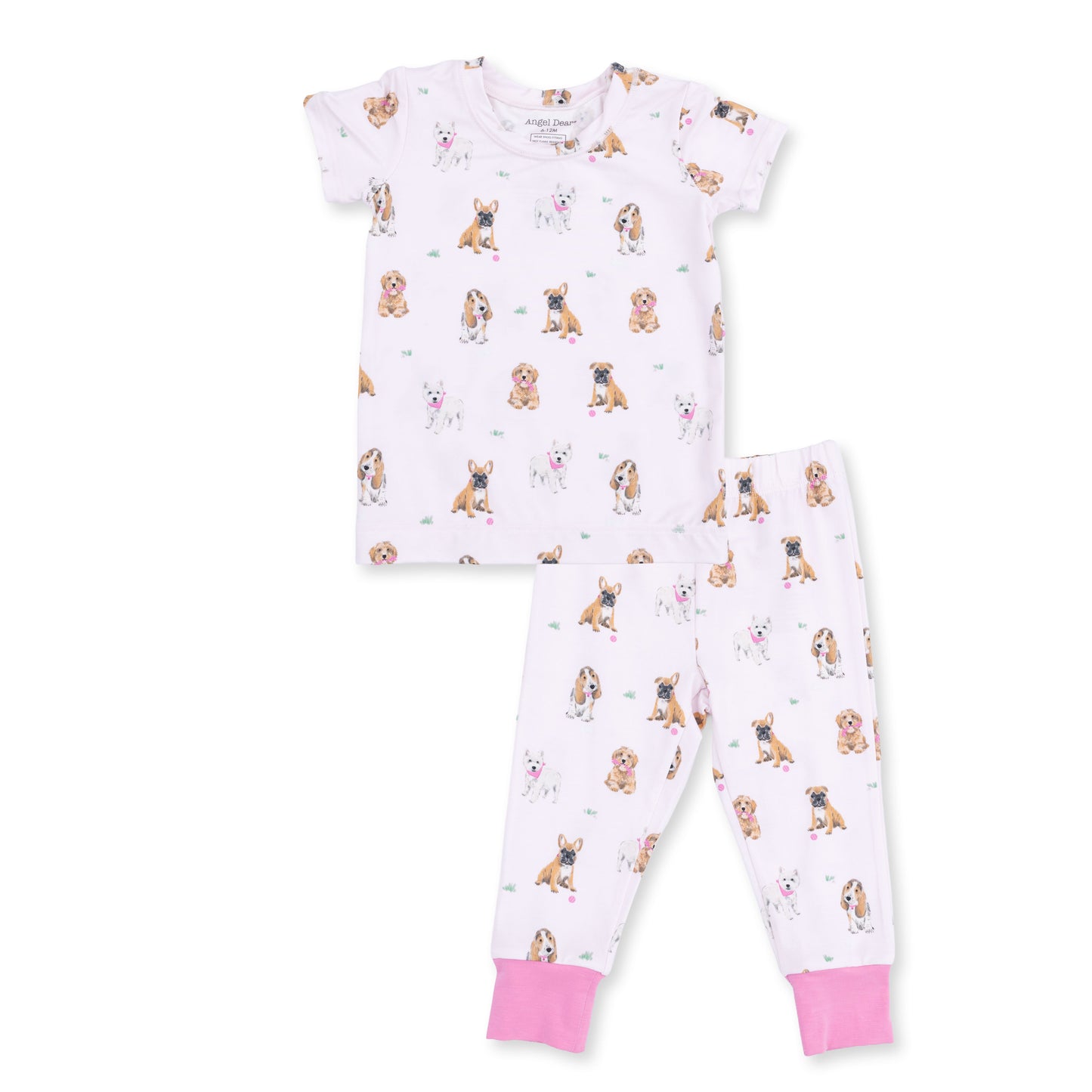 Pink short sleeve loungewear set for dogs by Angel Dear featuring adorable Bestie Dogs design, perfect for cozy relaxation.