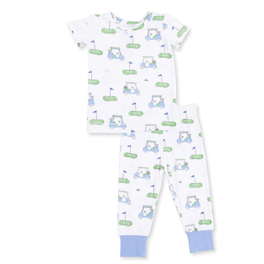 Blue short sleeve loungewear set for golf carts by Angel Dear, featuring comfortable fabric and casual style.