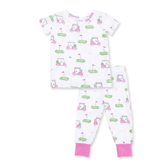 Pink short sleeve loungewear set for women by Angel Dear featuring golf cart print and comfortable relaxed fit.