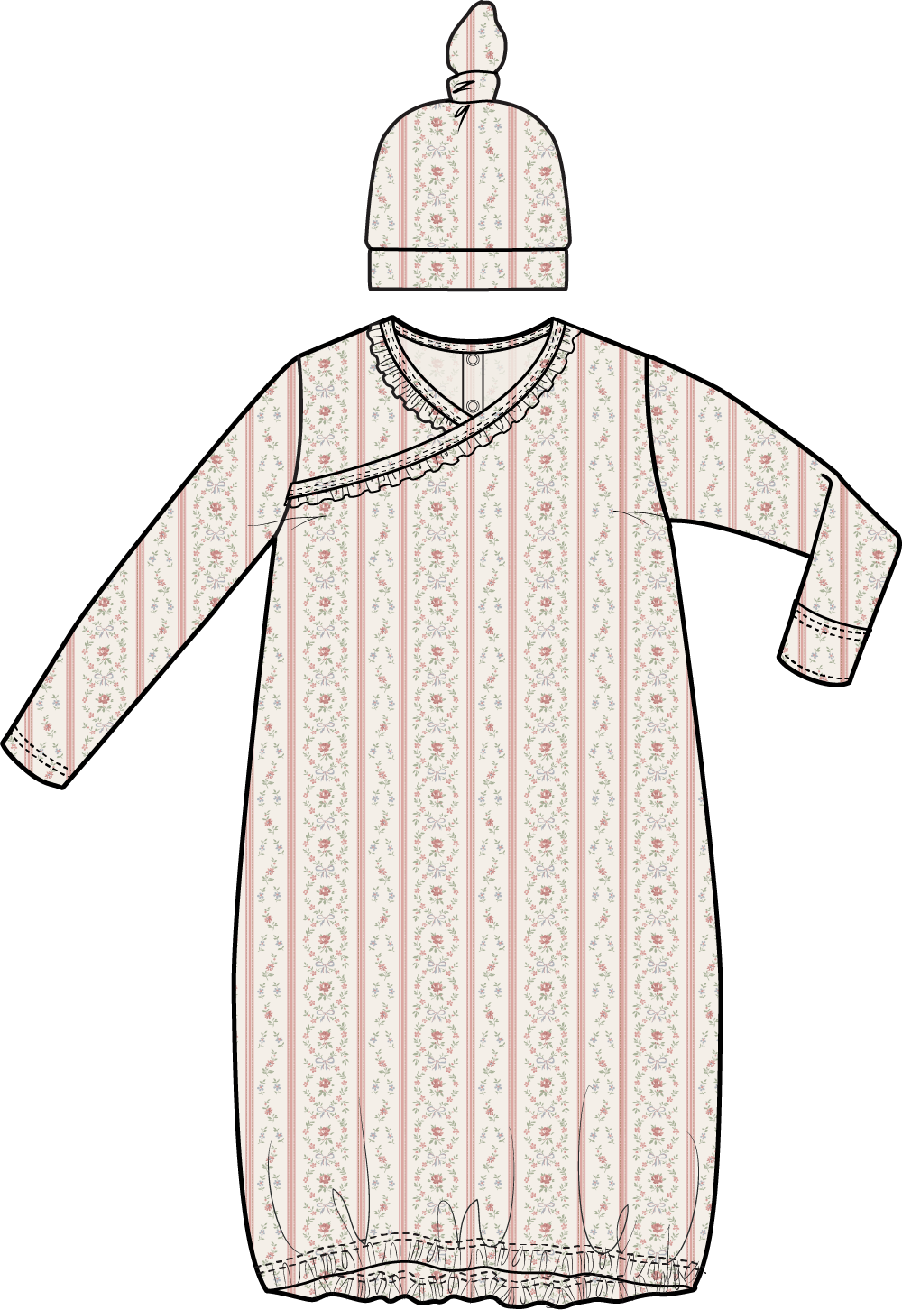 Angel Dear Marnie Rosebud Stripe kimono gown with matching knotted hat, soft and comfortable for babies, featuring a pink and white stripe pattern.