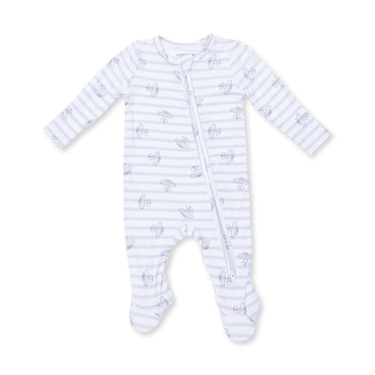 Angel Dear airplane stripe 2-way zip footie for infants, featuring playful airplane patterns and soft, cozy fabric.