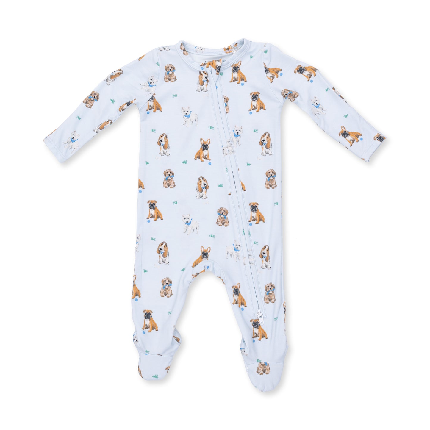 Angel Dear Bestie Dogs Blue 2-Way Zip Footie featuring soft fabric and playful dog print for comfortable, cozy wear.
