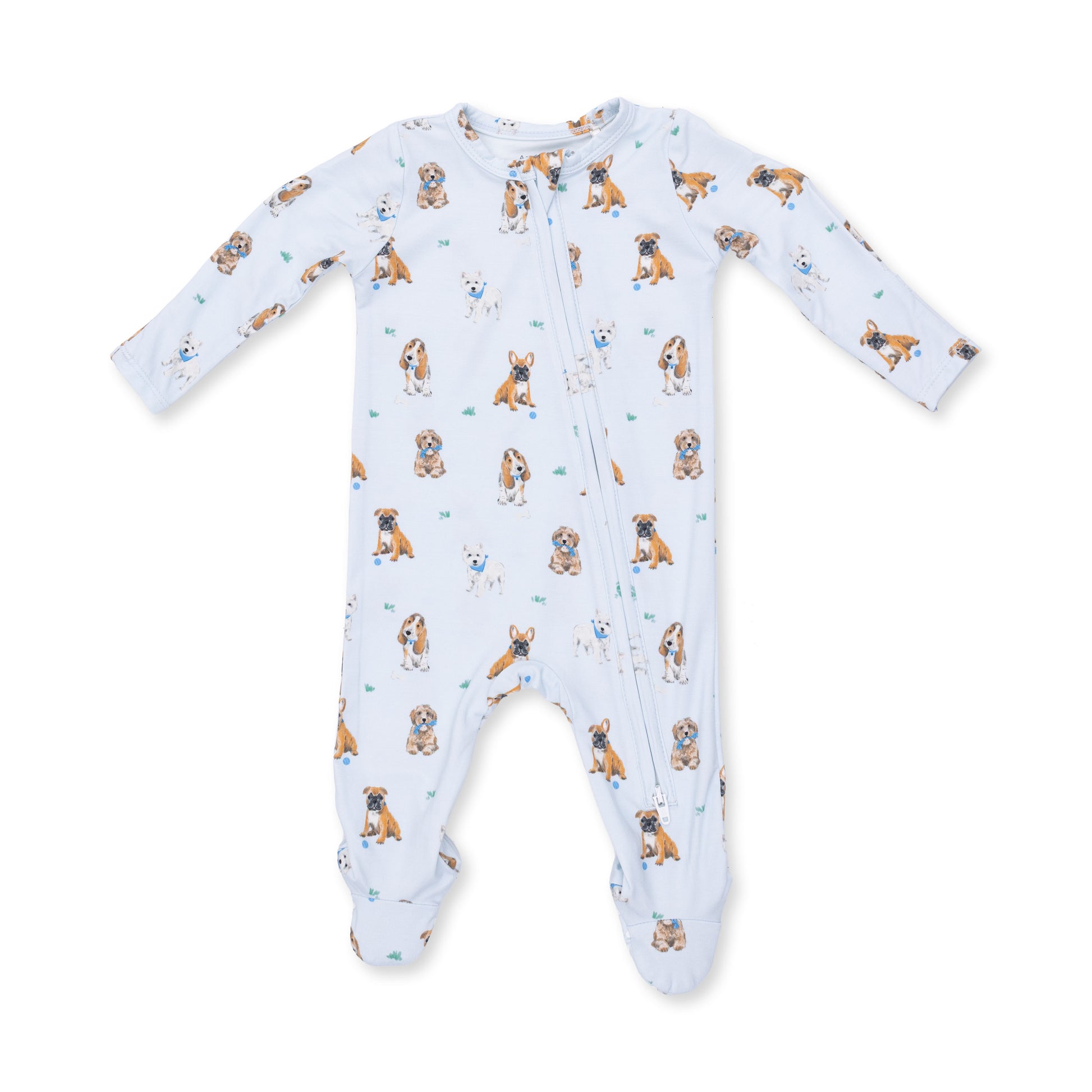 Angel Dear Bestie Dogs Blue 2-Way Zip Footie featuring soft fabric and playful dog print for comfortable, cozy wear.