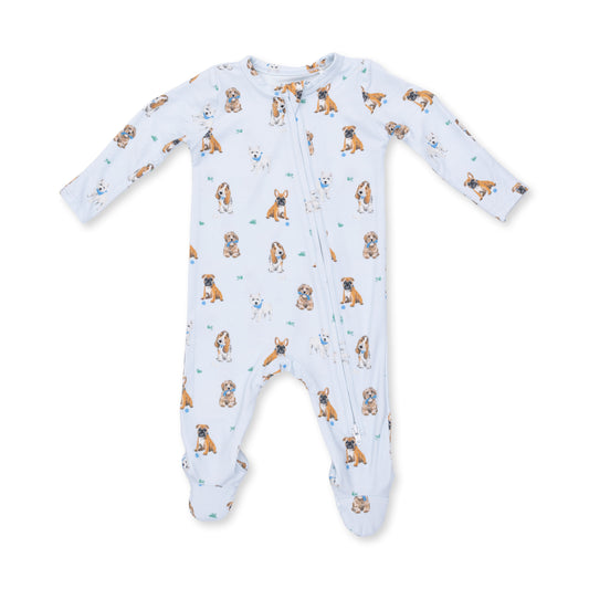 Angel Dear Bestie Dogs Blue 2-Way Zip Footie featuring soft fabric and playful dog print for comfortable, cozy wear.