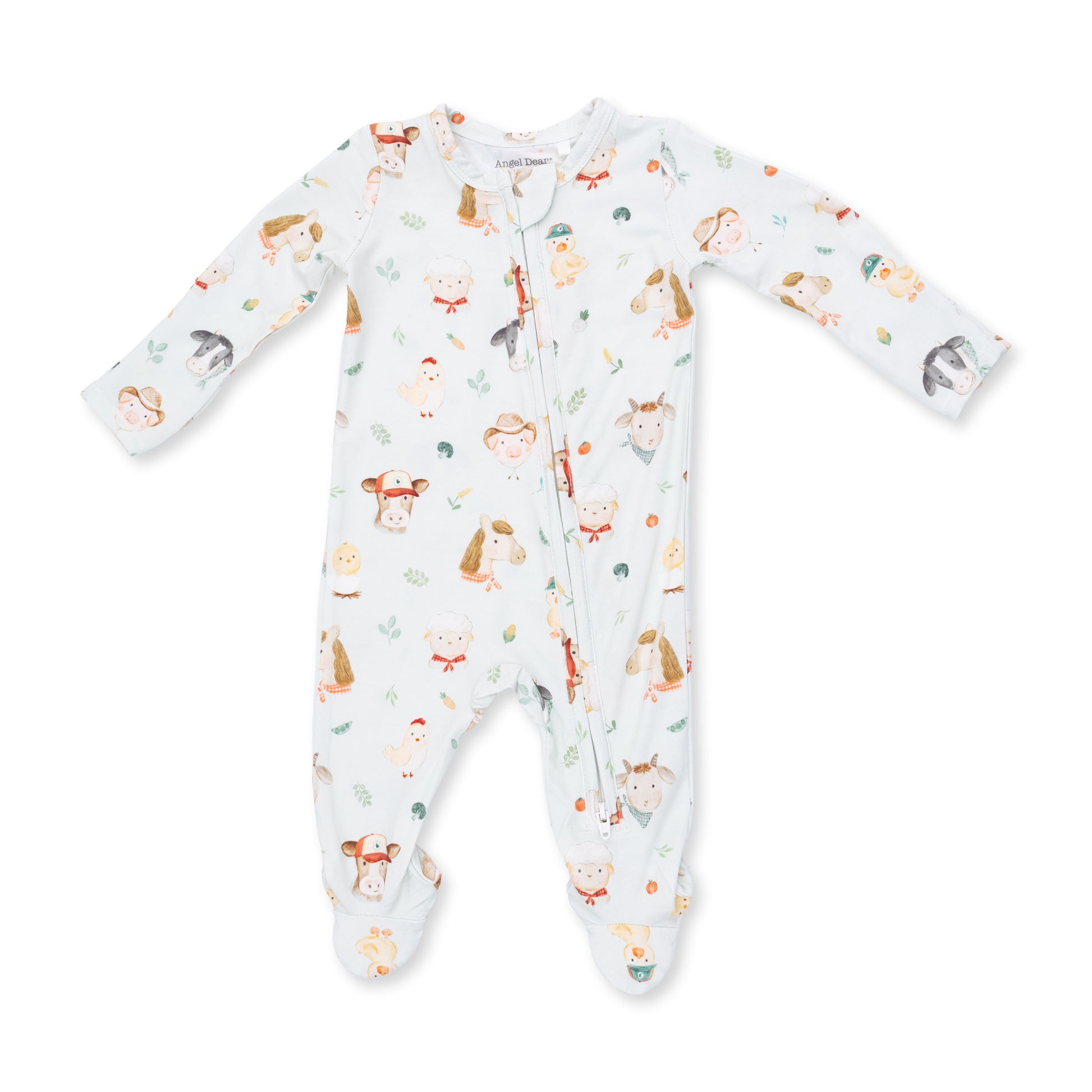 Angel Dear Baby Farm Faces 2-Way Zip Footie featuring colorful farm animal prints and soft fabric for comfortable baby wear.