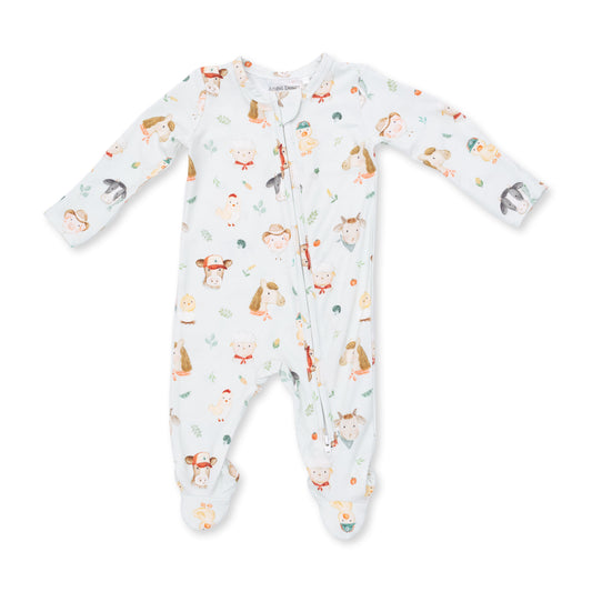 Angel Dear Baby Farm Faces 2-Way Zip Footie featuring colorful farm animal prints and soft fabric for comfortable baby wear.