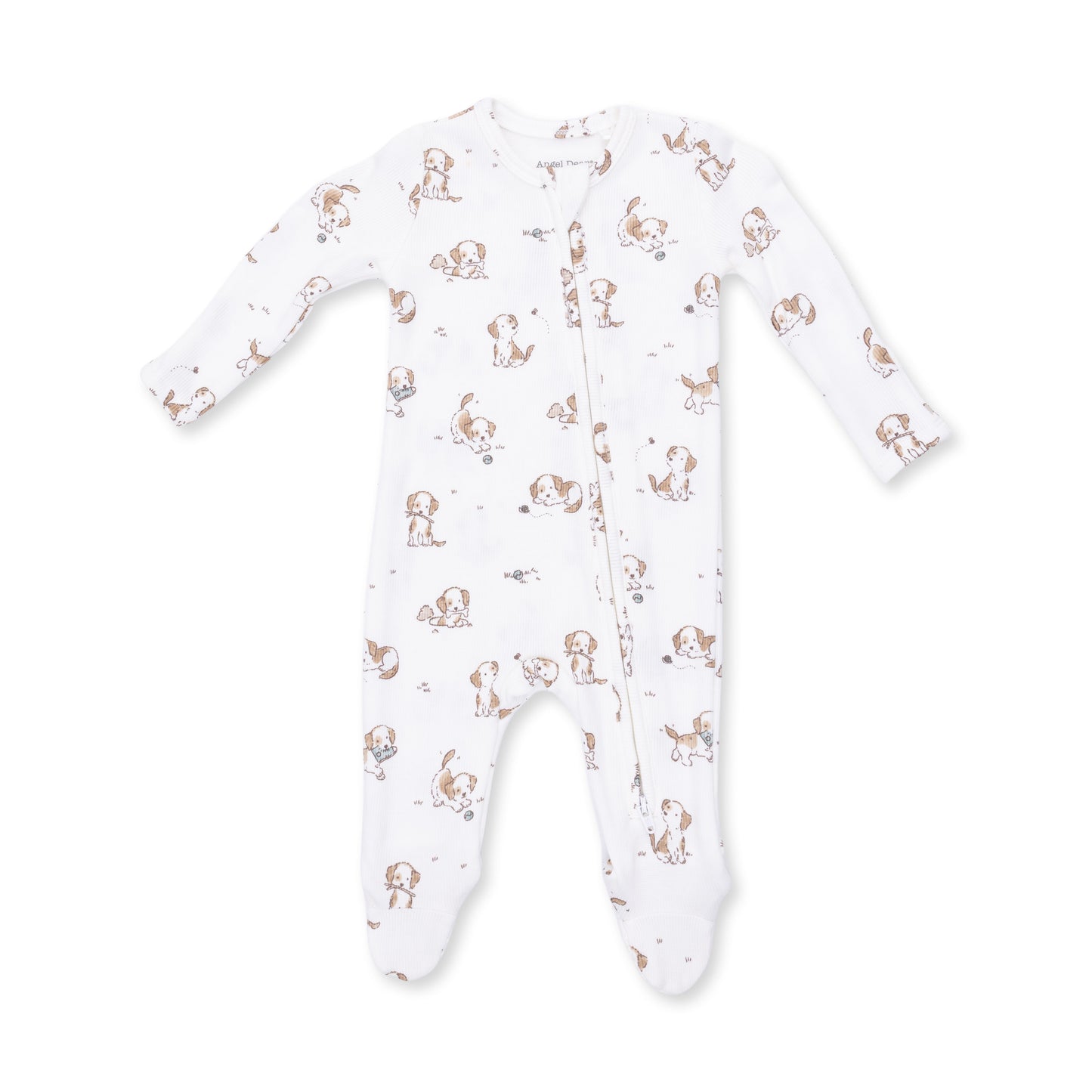 Angel Dear Explorer Puppy Blue 2-Way Zip Footie showing a soft, cozy blue baby onesie with front zippers and puppy print details.