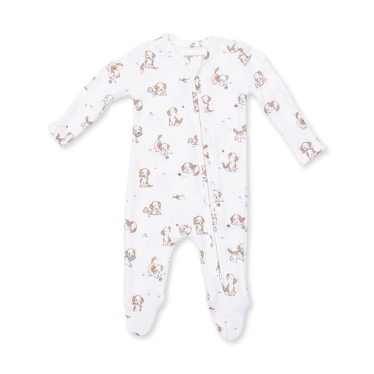 Angel Dear Explorer Puppy Blue 2-Way Zip Footie showing a soft, cozy blue baby onesie with front zippers and puppy print details.