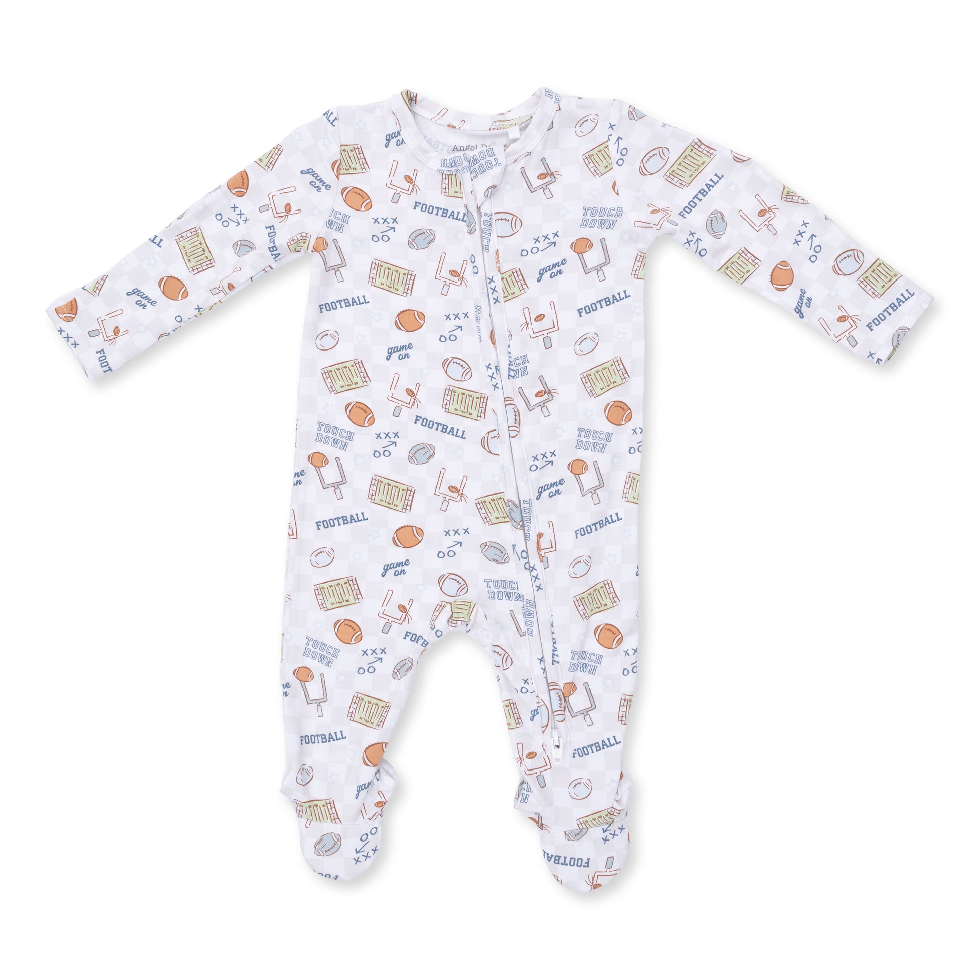 Angel Dear Football Check 2-Way Zip Footie for infants, featuring a soft checkered fabric and easy zipper closure.