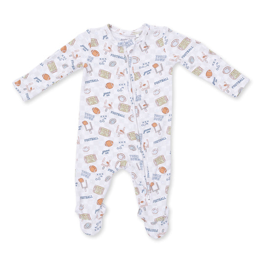 Angel Dear Football Check 2-Way Zip Footie for infants, featuring a soft checkered fabric and easy zipper closure.