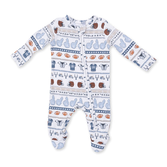 Angel Dear football stripe 2-way zip footie for infants, featuring colorful football patterns and soft, cozy fabric.