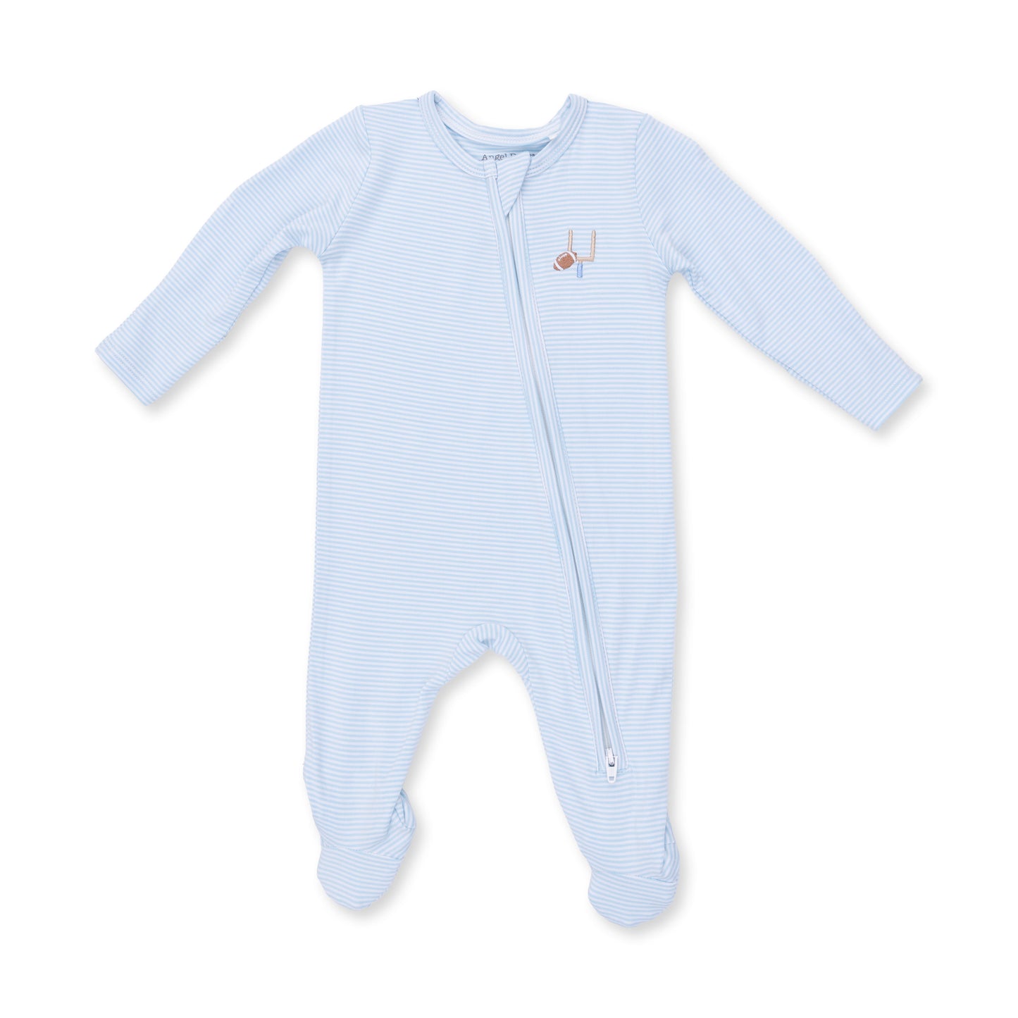 Blue micro stripe football footie with 2-way zip by Angel Dear, showing the front view with comfortable fabric and detailed stitching.