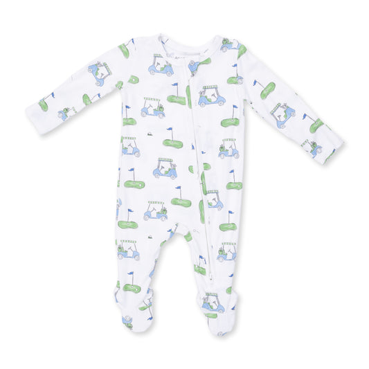 Blue Angel Dear golf cart-themed 2-way zip footie for infants, featuring playful golf cart graphics and soft, comfortable fabric.