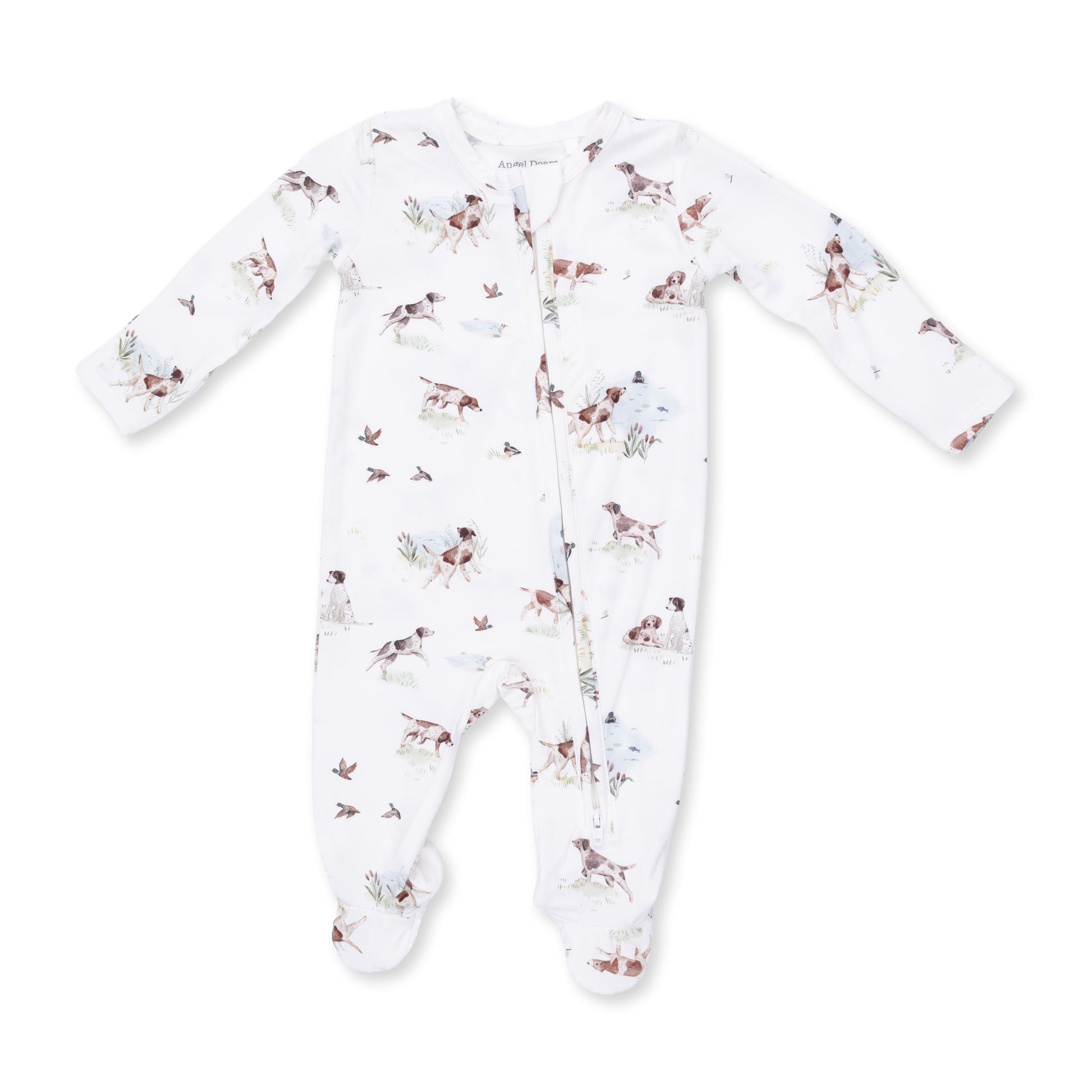 Angel Dear Pointer Pups and Duck Buddies 2-Way Zip Footie for babies, featuring colorful animal prints and soft, cozy fabric.