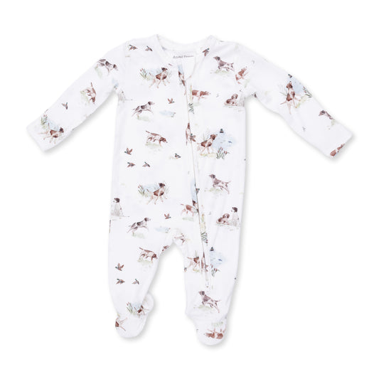 Angel Dear Pointer Pups and Duck Buddies 2-Way Zip Footie for babies, featuring colorful animal prints and soft, cozy fabric.