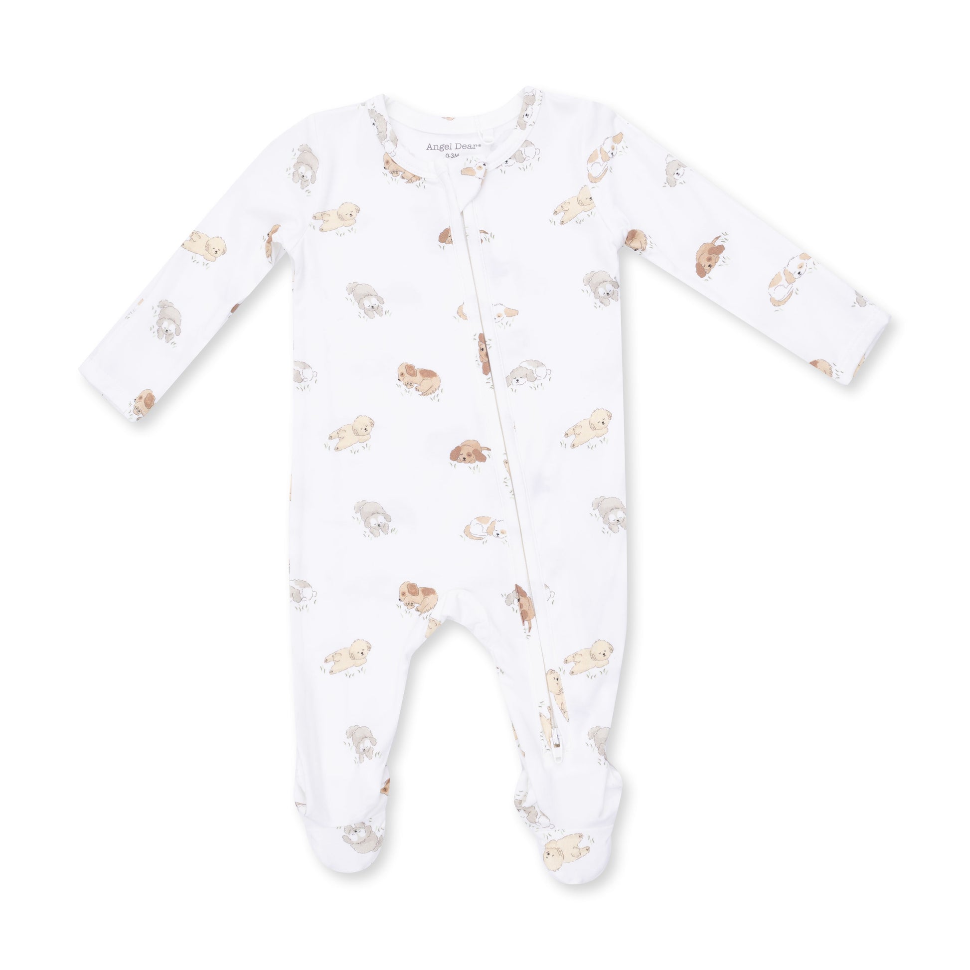 Angel Dear Puppy Snuggle Club 2-Way Zip Footie featuring a cozy puppy print, soft fabric, and convenient front and back zippers.