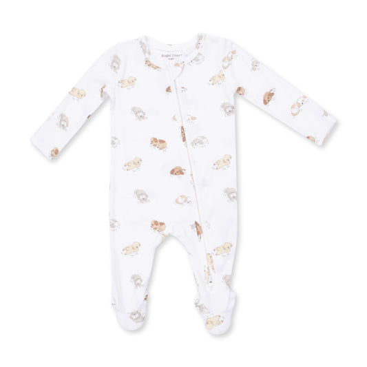 Angel Dear Puppy Snuggle Club 2-Way Zip Footie featuring a cozy puppy print, soft fabric, and convenient front and back zippers.