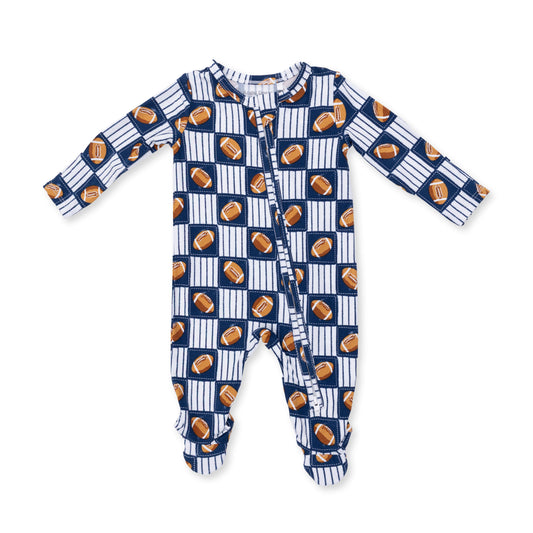 Angel Dear football patchwork 2-way zip footie for babies, featuring colorful fabric and front zipper for easy dressing.