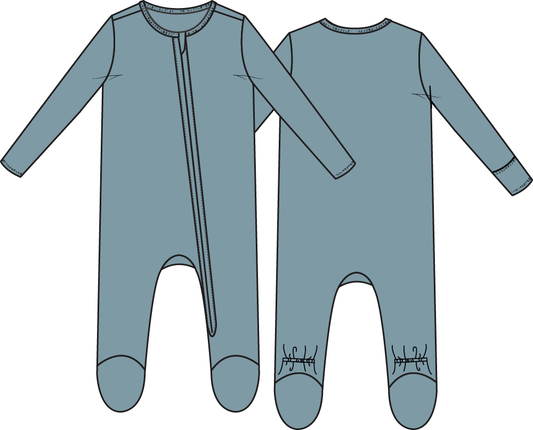 Angel Dear solid blue stone 2-way zip footie for babies, featuring soft fabric and front zipper for easy dressing.