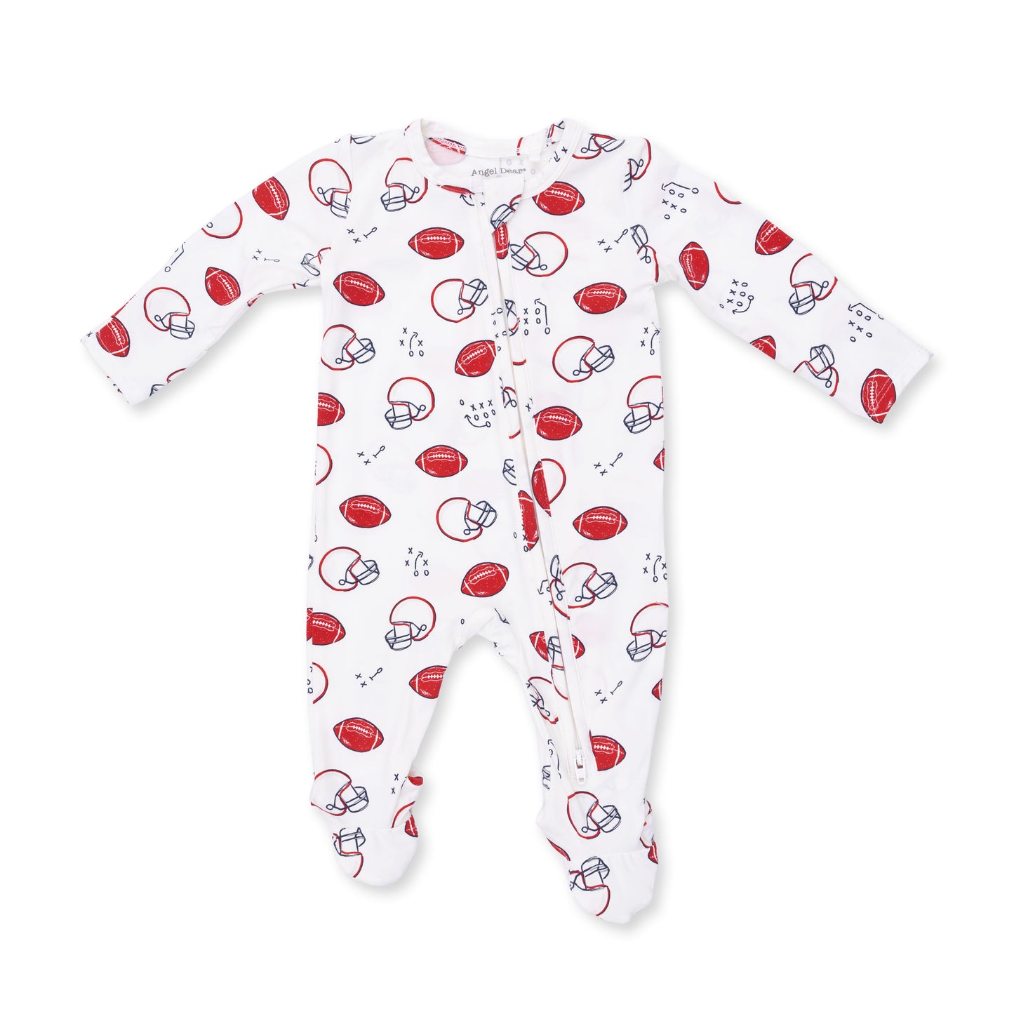 Angel Dear Touchdown Time 2-Way Zip Footie for babies, soft fabric with front zipper and playful football-themed design.