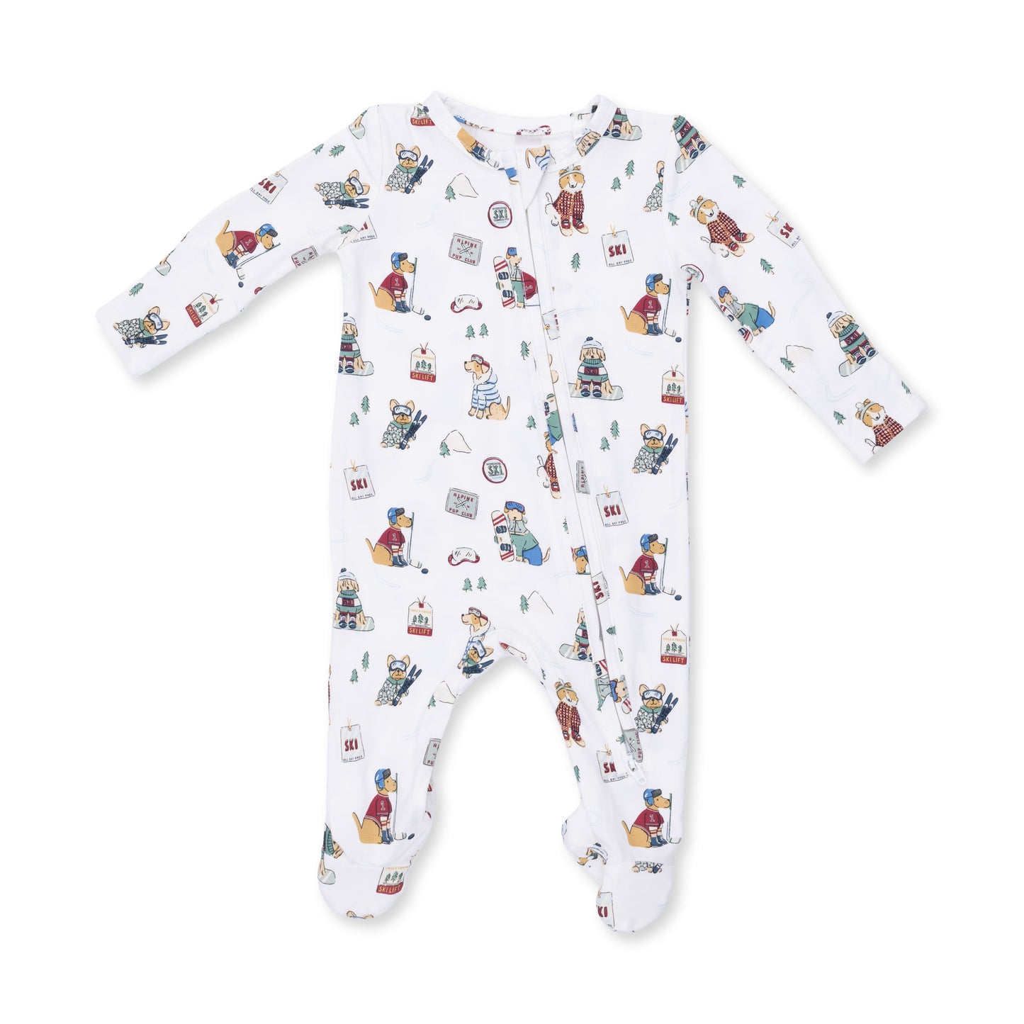 Green winter sports dog footie with a 2-way zipper by Angel Dear, designed for warmth and mobility during cold outdoor activities.