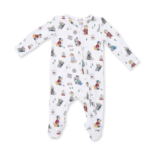 Green winter sports dog footie with a 2-way zipper by Angel Dear, designed for warmth and mobility during cold outdoor activities.