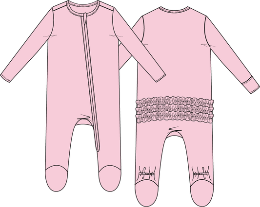 Pink Angel Dear solid ruffle zip footie with 2-way zipper, featuring soft fabric and adorable ruffle details for babies.