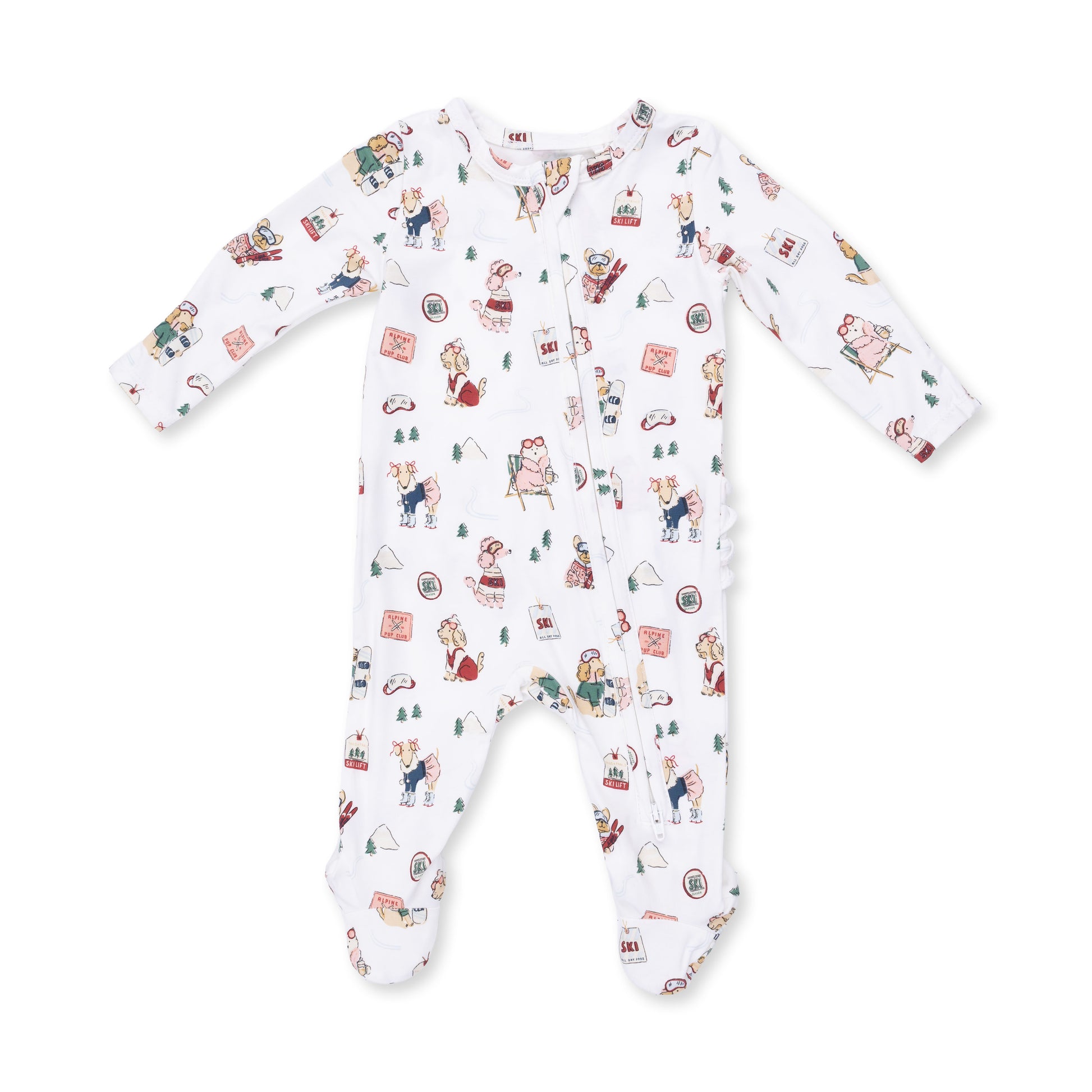 Pink winter sports dog footie by Angel Dear with ruffle details and zip closure, designed for warmth and comfort during cold weather.