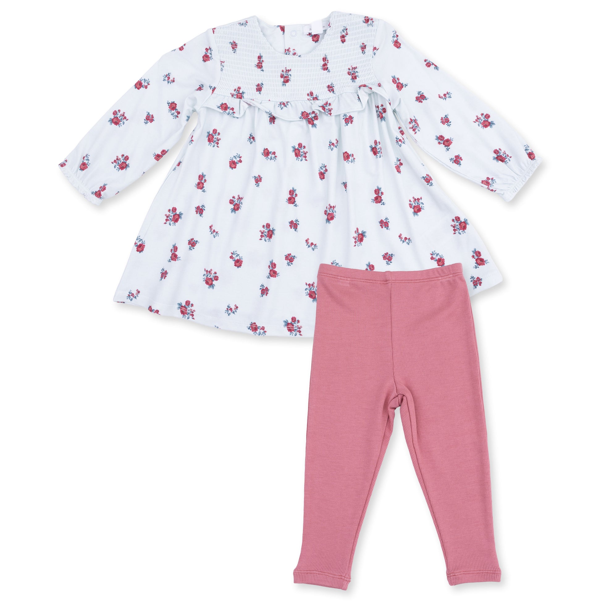 Angel Dear Alyssa floral smocked ruffle dress with matching leggings for girls, featuring a colorful floral pattern and soft fabric.