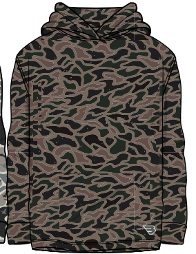 Youth Burlebo Bendita Camo Performance Hoodie with camouflage design, long sleeves, and adjustable hood for active wear.