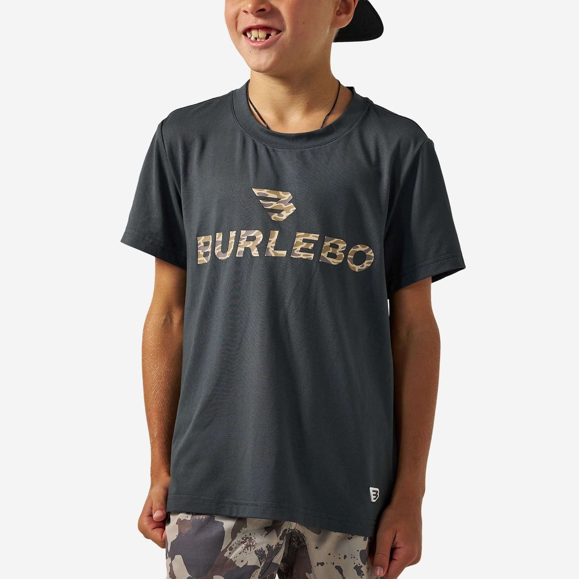 Youth Gun Metal Grey and Gauge Camo T-shirt by Burlebo, featuring a casual fit with camo and solid grey design.