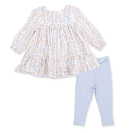 Angel Dear Catarina floral tiered dress with matching leggings for girls, featuring colorful floral print and comfortable fabric.
