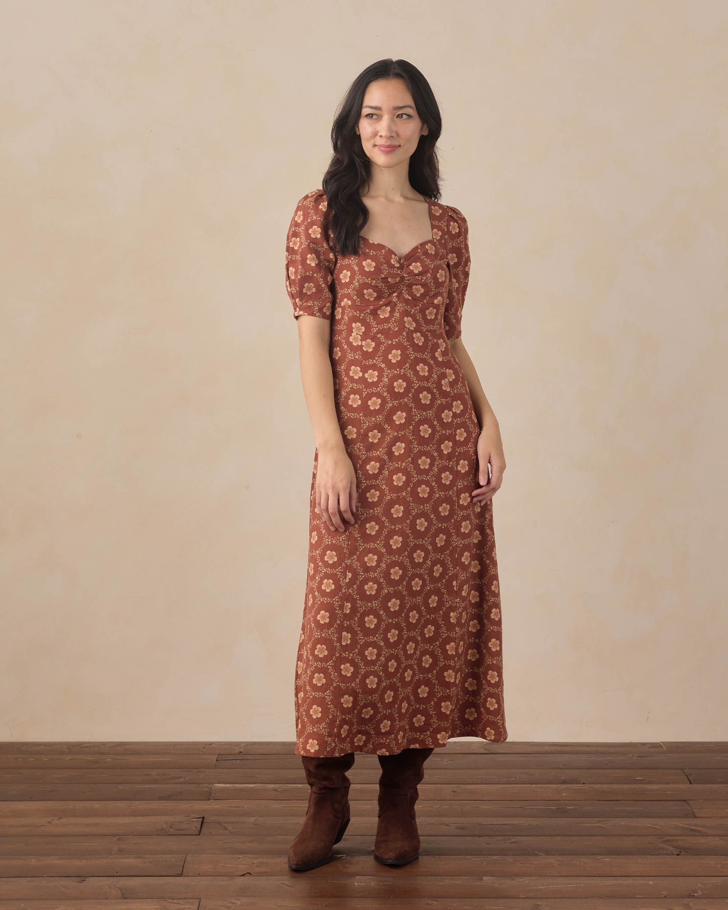 Women's violet dress with brick daisies pattern from Rylee & Cru, featuring a comfortable fit and floral design.