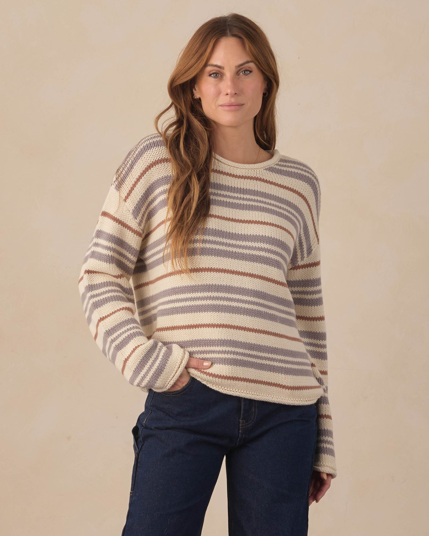 Women's Dusty Blue Stripe Jacques Sweater by Rylee & Cru, featuring a cozy knit with blue and white stripes, long sleeves, and a relaxed fit.