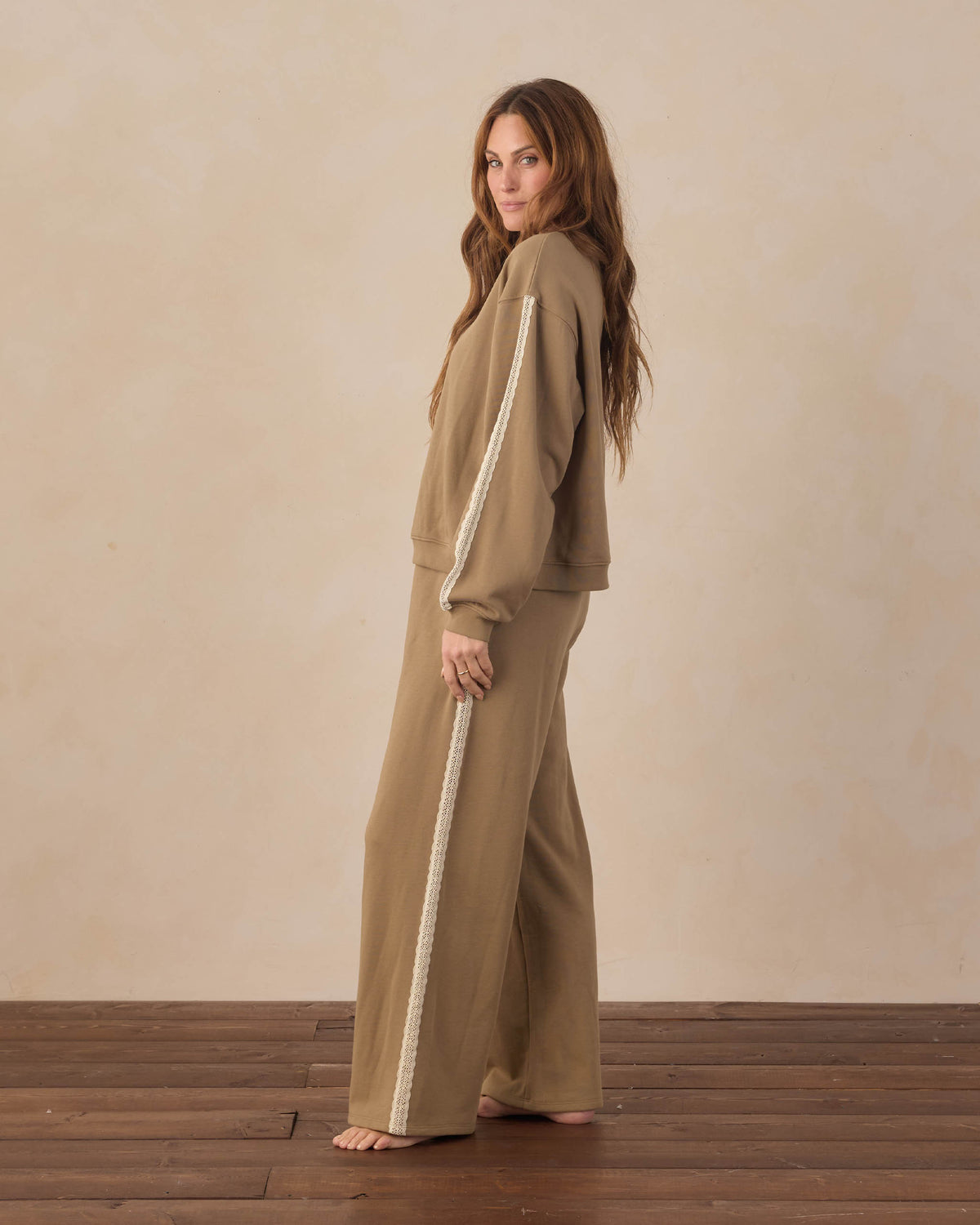 Women's olive wide-leg sweatpants by Rylee & Cru, showcasing relaxed fit and soft fabric in a casual style.
