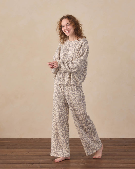 Women's blue leopard wide-leg sweatpants by Rylee & Cru, featuring a relaxed fit and bold leopard print pattern.