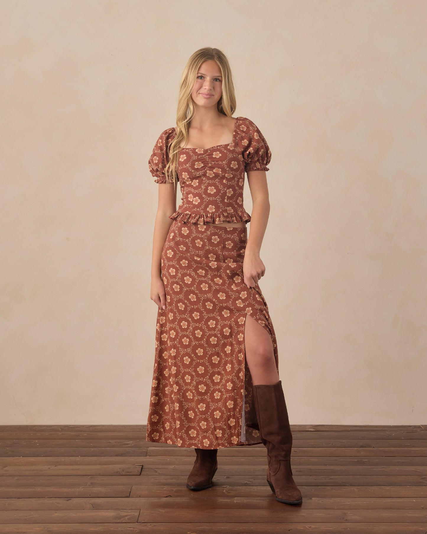 Teen Brick Daisies Midi Skirt by Rylee & Cru featuring a flowy midi length with a daisy print and a comfortable waistband.