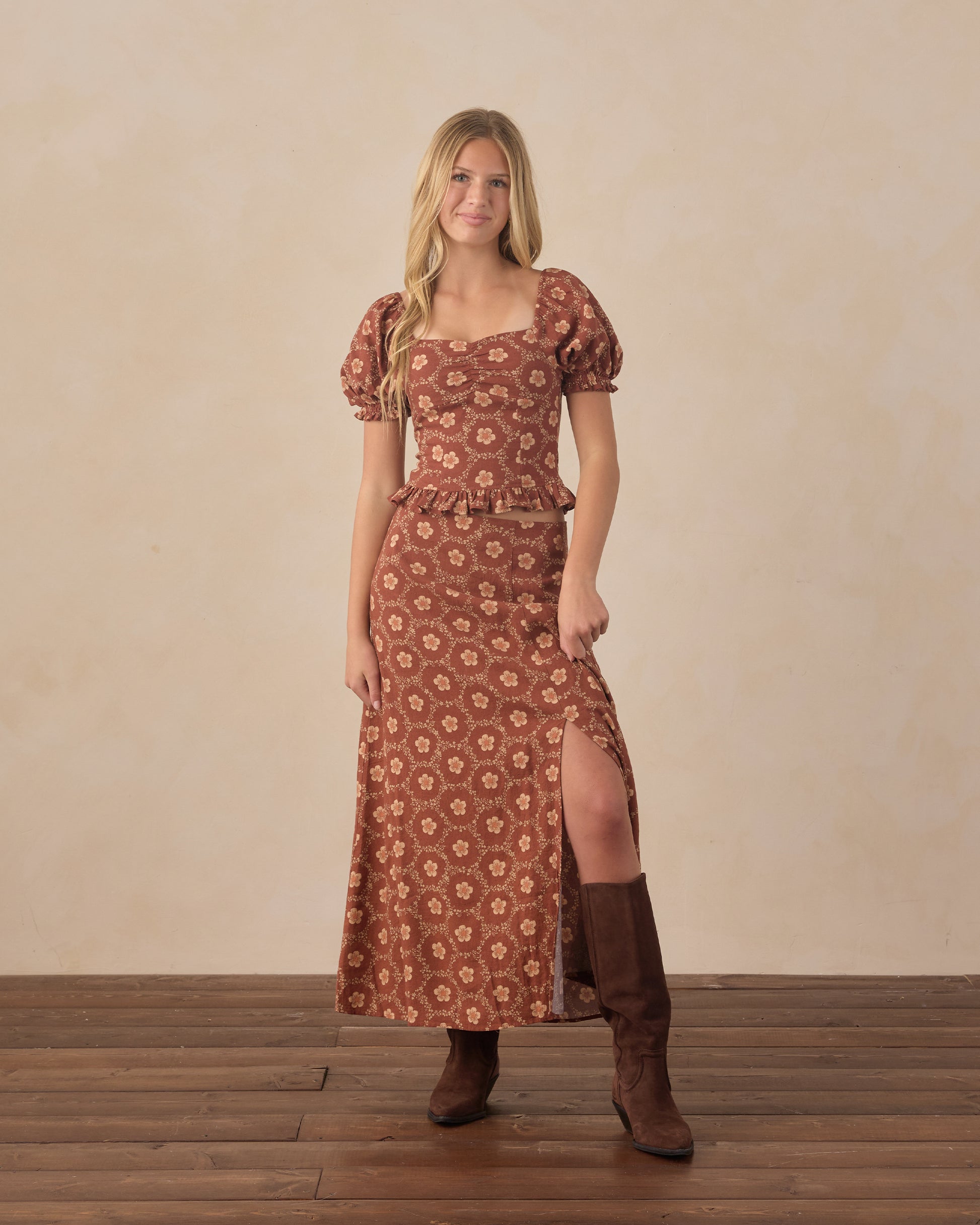 Teen Brick Daisies Midi Skirt by Rylee & Cru featuring a flowy midi length with a daisy print and a comfortable waistband.