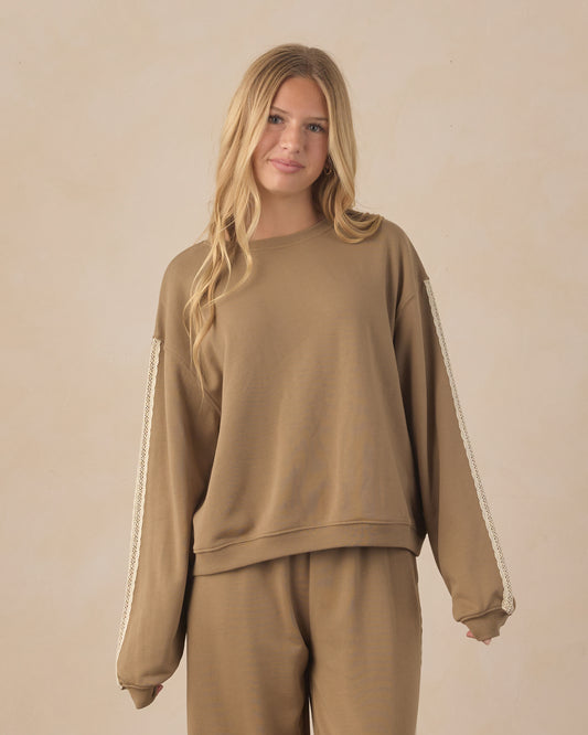 Teen olive oversized sweatshirt by Rylee & Cru, featuring a relaxed fit with long sleeves and a cozy, casual style.