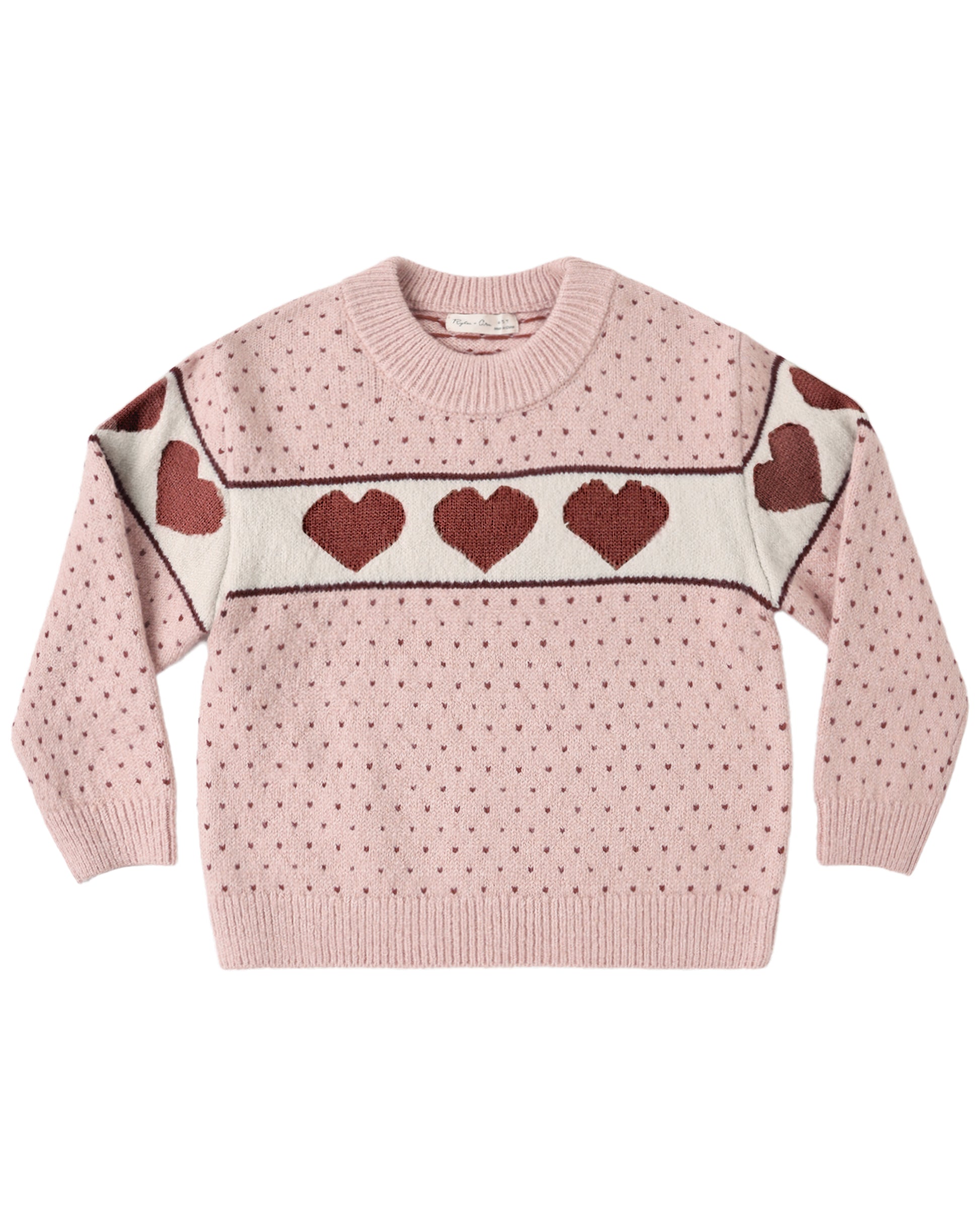 Rylee & Cru Hearts Reagan Sweater featuring colorful heart patterns on soft knit fabric, perfect for cozy, stylish wear.