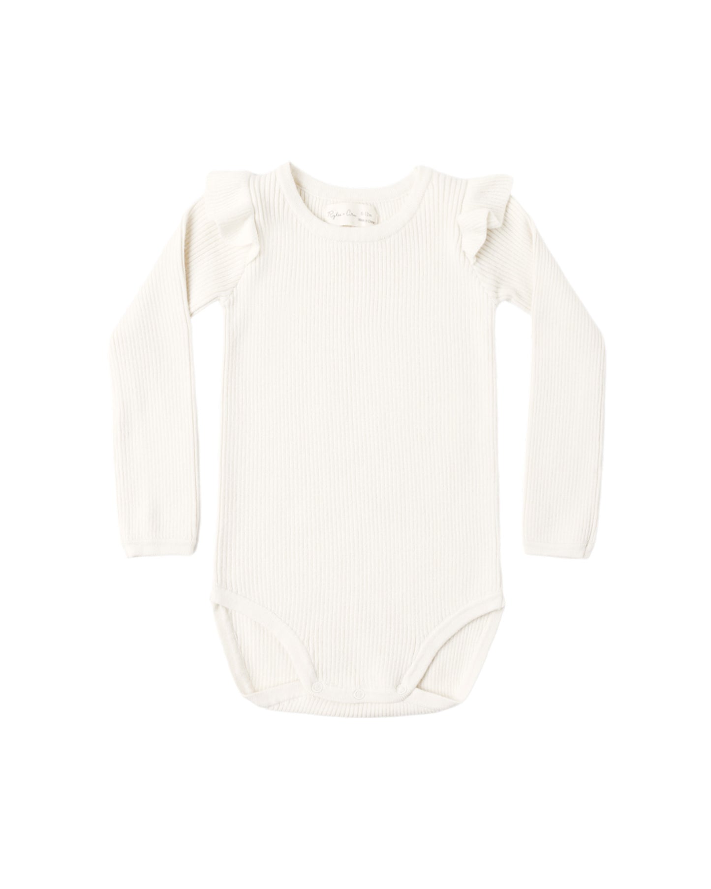 Natural Ruffle Shoulder Bodysuit by Rylee & Cru, showcasing soft fabric with stylish ruffle details on the shoulders.