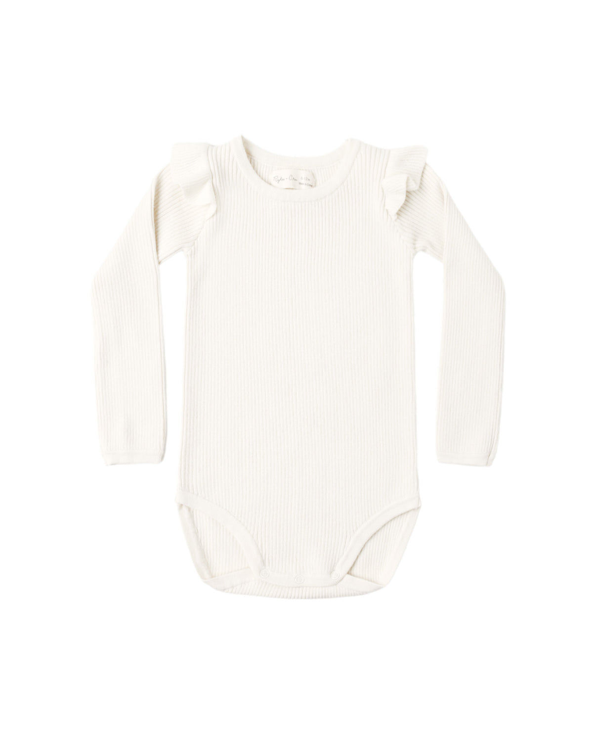 Natural Ruffle Shoulder Bodysuit by Rylee & Cru, showcasing soft fabric with stylish ruffle details on the shoulders.